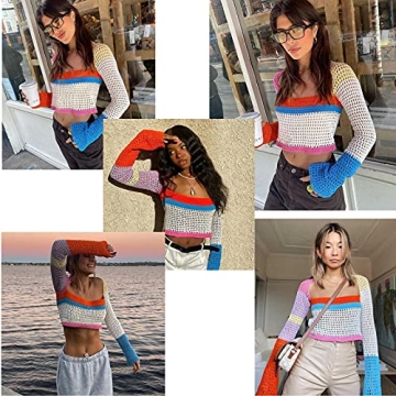Y2K Women Long Sleeve Crochet Knit Color Block Crop Top