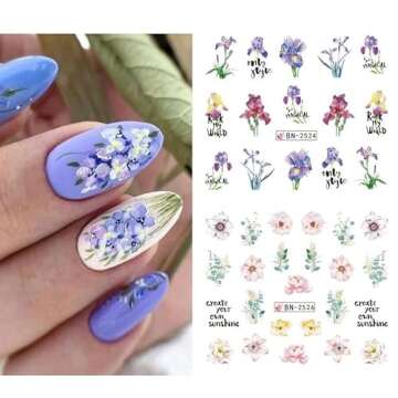 12pcs Spring Nail Art Stickers Decals Floral Nail Art Stickers Water Decals Transfer Design Lavender Tulip Rose Butterfly Letter Watercolor Flower Leaf Water Slider Manicure Decoration