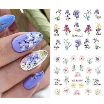 12pcs Spring Nail Art Stickers Decals Floral Nail Art Stickers Water Decals Transfer Design Lavender Tulip Rose Butterfly Letter Watercolor Flower Leaf Water Slider Manicure Decoration