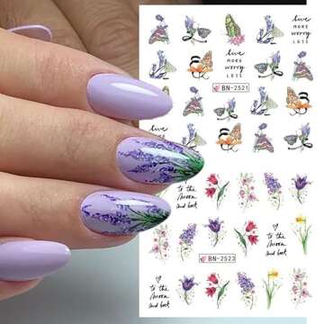 12pcs Spring Nail Art Stickers Decals Floral Nail Art Stickers Water Decals Transfer Design Lavender Tulip Rose Butterfly Letter Watercolor Flower Leaf Water Slider Manicure Decoration