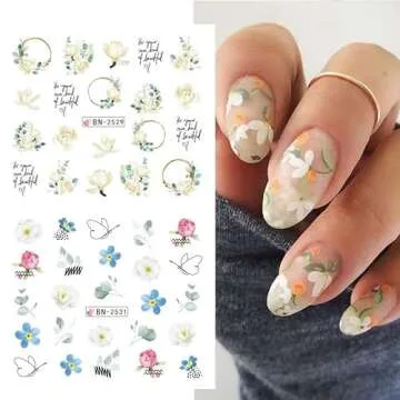 12pcs Spring Nail Art Stickers Decals Floral Nail Art Stickers Water Decals Transfer Design Lavender Tulip Rose Butterfly Letter Watercolor Flower Leaf Water Slider Manicure Decoration