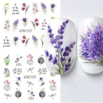 12pcs Spring Nail Art Stickers Decals Floral Nail Art Stickers Water Decals Transfer Design Lavender Tulip Rose Butterfly Letter Watercolor Flower Leaf Water Slider Manicure Decoration