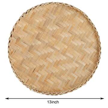 Suwimut 3 Pieces Handmade Bamboo Woven Basket Tray, 13 Inch Flat Wicker Round Fruit Basket Woven Foo...