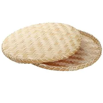 Suwimut 3 Pieces Handmade Bamboo Woven Basket Tray, 13 Inch Flat Wicker Round Fruit Basket Woven Food Storage Shallow Tray Decorative Serving Tray Wall Hanging Baskets for Breakfast, Snacks (Beige)
