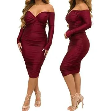 Uni Clau Women Elegant Sexy Deep V Neck Solid Color Ruched Dress Long Sleeve Off Shoulder Bodyocn Midi Dress Skinny Pleated Dress Party Night Club Dresses WineRed M