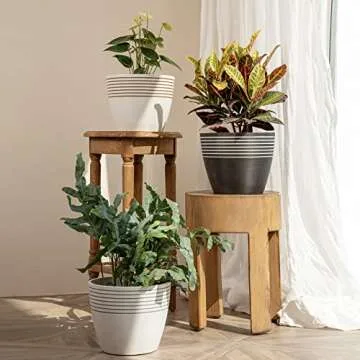 LA JOLIE MUSE Indoor Planter Flower Pot - Plant Pots for Indoor and Outdoor Plants, Contemporary Chic Planter with Stripe Pattern, 9.4 Inch, Charcoal & White