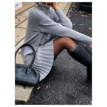 MakeMeChic Women's Sweater Skirt Sets 2 Piece Outfits Ribbed Knit Mock Neck Sweater Pullovers A Line Mini Skirt Set B-Grey Small