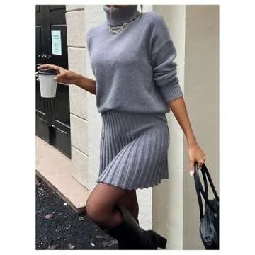 MakeMeChic Women's Sweater Skirt Sets 2 Piece Outfits Ribbed Knit Mock Neck Sweater Pullovers A Line Mini Skirt Set B-Grey Small