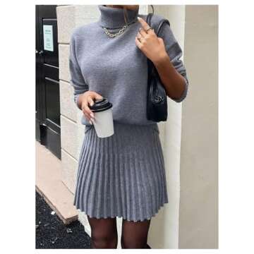 MakeMeChic Women's Sweater Skirt Sets 2 Piece Outfits Ribbed Knit Mock Neck Sweater Pullovers A Line Mini Skirt Set B-Grey Small