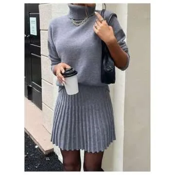 MakeMeChic Women's Sweater Skirt Sets 2 Piece Outfits Ribbed Knit Mock Neck Sweater Pullovers A Line Mini Skirt Set B-Grey Small