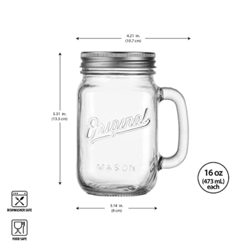 Mason Jar 16 Oz. Glass Mugs Set of 4 with Lids