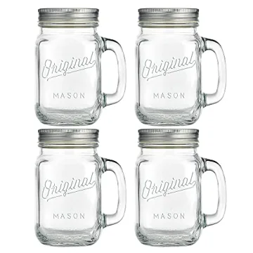 Mason Jar 16 Oz. Glass Mugs Set of 4 with Lids