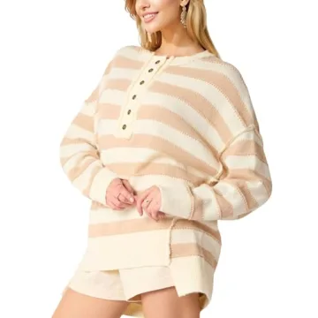 InterNos Women's Long Sleeve Striped Pullover Sweater - Chic, Soft and Comfy!