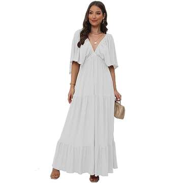 Women's Summer V-Neck, Tiered Silhouette with Flutter Sleeves Maxi Dress (as1, Alpha, s, Regular, Regular, White)