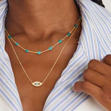 Dremmy Studios Dainty Evil Eye Pendant Necklace for Women 14K Gold Filled Minimalist Cubic Zirconia Turquoise Evil Eye Charm Necklace Simple Personalized Lucky Protection for Women Her