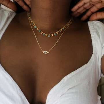 Dremmy Studios Dainty Evil Eye Pendant Necklace for Women 14K Gold Filled Minimalist Cubic Zirconia Turquoise Evil Eye Charm Necklace Simple Personalized Lucky Protection for Women Her