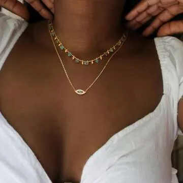 Dremmy Studios Dainty Evil Eye Pendant Necklace for Women 14K Gold Filled Minimalist Cubic Zirconia Turquoise Evil Eye Charm Necklace Simple Personalized Lucky Protection for Women Her