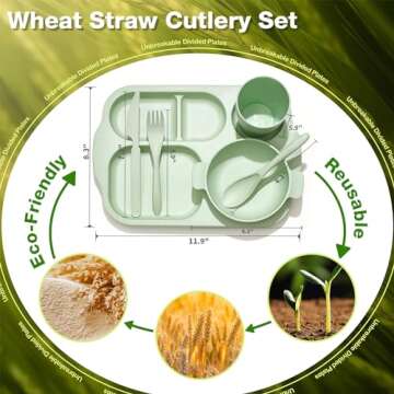 Hlukana 24 Pcs Wheat Straw Dinnerware Cutlery Set, Unbreakable Tableware Set, Including Kids Toddlers Divided Plates, Bowls, Cup, Cutlery Spoons Knifes Forks, BPA Free, Microwave Dishwasher Safe