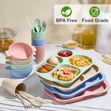 Hlukana 24 Pcs Wheat Straw Dinnerware Cutlery Set, Unbreakable Tableware Set, Including Kids Toddlers Divided Plates, Bowls, Cup, Cutlery Spoons Knifes Forks, BPA Free, Microwave Dishwasher Safe