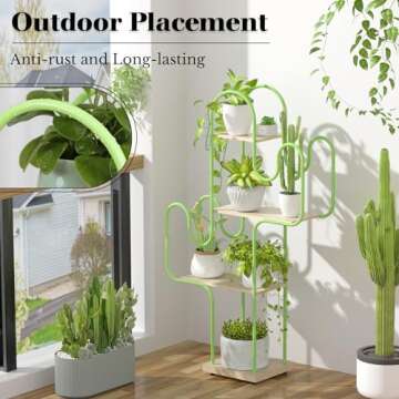 Tikea Small Cactus Plant Stand Indoor, Metal Plant Shelf for Indoor Plants Multiple, Creative Plant Stand for Patio, Balcony and Living Room Decor, 4 Tiered Versatile Display Shelf (Green)