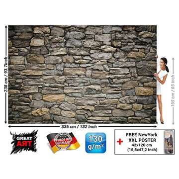 Large Photo Wallpaper – Grey Stonewall – Picture Decoration Modern Stone Pattern Wall Cladding Optic Industrial Design Masonry Image Decor Wall Mural (132.3x93.7in - 336x238cm)