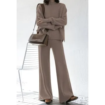 Fixmatti Women Knitted Outfits High Neck Sweater Wide Leg Pant Set 2 Pieces Sweatsuit (Y-Khaki, Large)