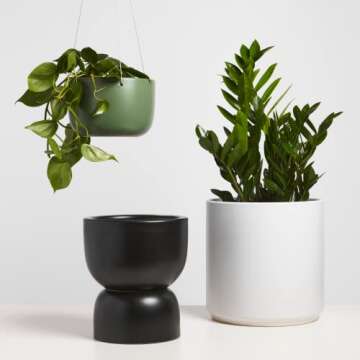 PEACH & PEBBLE Ceramic Hourglass Planter. 3 Piece Plant Pot Set with Drainage Hole and Drainage Cup for Indoor Plants. (12 inch, Soft Pink)