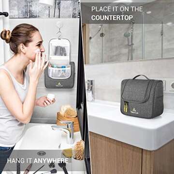 Hikenture Travel Hanging Toiletry Bag Cosmetics, Makeup and Toiletries Organizer | Compact Bathroom Storage | TSA Friendly | Home, Gym, Airplane, Hotel, Car Use(Grey)