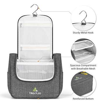 Hikenture Travel Hanging Toiletry Bag Cosmetics, Makeup and Toiletries Organizer | Compact Bathroom Storage | TSA Friendly | Home, Gym, Airplane, Hotel, Car Use(Grey)