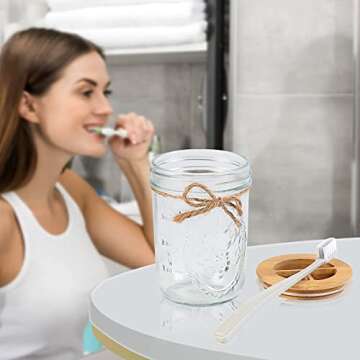 Bathroom Accessories Set 4 Pcs,Soap Dispenser,Toothbrush Holder, 2 Qtip Apothecary Jars with Bamboo Lid for Rustic Farmhouse Bathroom Decor, Makeup Organizer, Boho Countertop Storage (Glasss/Bomboo