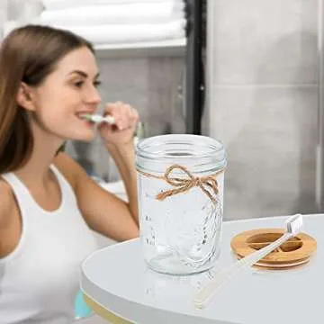 Bathroom Accessories Set 4 Pcs,Soap Dispenser,Toothbrush Holder, 2 Qtip Apothecary Jars with Bamboo Lid for Rustic Farmhouse Bathroom Decor, Makeup Organizer, Boho Countertop Storage (Glasss/Bomboo