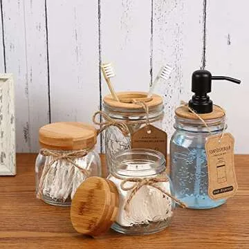 Bathroom Accessories Set 4 Pcs,Soap Dispenser,Toothbrush Holder, 2 Qtip Apothecary Jars with Bamboo Lid for Rustic Farmhouse Bathroom Decor, Makeup Organizer, Boho Countertop Storage (Glasss/Bomboo