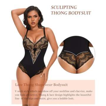 Werena Lace Tummy Control Shapewear Bodysuit for Women Slimming Body Shaper V Neck Sculpting Thong Bodysuit(A#02 Black+Beige(Sculpting),XX-Large)