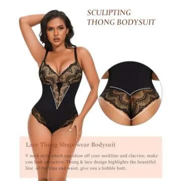 Werena Lace Tummy Control Shapewear Bodysuit for Women Slimming Body Shaper V Neck Sculpting Thong Bodysuit(A#02 Black+Beige(Sculpting),XX-Large)