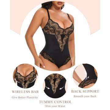 Werena Lace Tummy Control Shapewear Bodysuit for Women Slimming Body Shaper V Neck Sculpting Thong Bodysuit(A#02 Black+Beige(Sculpting),XX-Large)