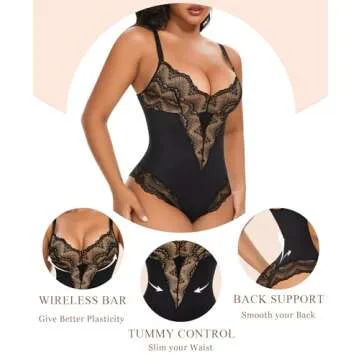 Werena Lace Tummy Control Shapewear Bodysuit for Women Slimming Body Shaper V Neck Sculpting Thong Bodysuit(A#02 Black+Beige(Sculpting),XX-Large)