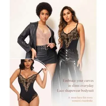 Werena Lace Tummy Control Shapewear Bodysuit for Women Slimming Body Shaper V Neck Sculpting Thong Bodysuit(A#02 Black+Beige(Sculpting),XX-Large)