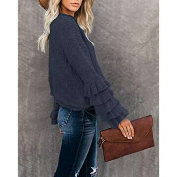 Valphsio Womens Casual Flared Sleeve Sweater Winter Crew Neck Kintted Pullover Dark Grey