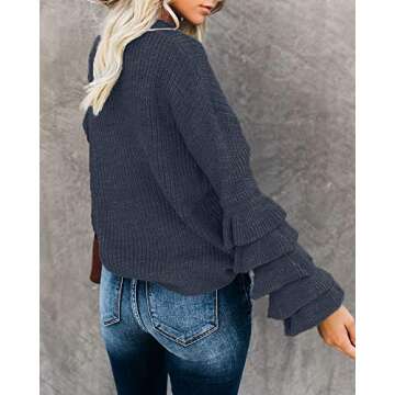 Valphsio Womens Casual Flared Sleeve Sweater Winter Crew Neck Kintted Pullover Dark Grey