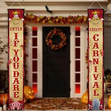 Allenjoy Halloween Evil Circus Porch Banner Creepy Carnival Party Decor Set Scary Clown Hallowmas Festival Holiday Outdoor Indoor Wall Hanging Yard Sign Event Supplies Wrinkle Free 11.8x70.9in 2pcs
