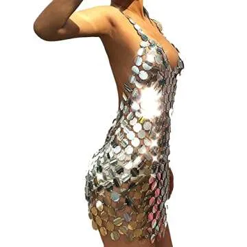 women Sexy Mirror Sequins Harness Dress Bra Chest Neck Body Chain Summer Beach Bikini Cover Up Belly Chain Chest Bra Dress Body Jewelry for Party Night Club (Color 1)