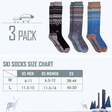 OutdoorMaster Ski Socks 3-Pack Merino Wool, Over The Calf Non-Slip Cuff for Men & Women, Black Blue Grey, M