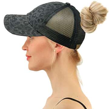 C.C Ponytail Criss Cross Messy Buns Ponycaps Baseball Cap Dad Trucker Mesh Hat (Stone Washed Leopard...