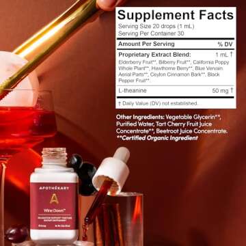 Apothékary Wine Down Herbal Supplement, Alcohol-Free Red Wine-Inspired Tincture, Sugar Free, Gluten Free, Vegan- 30 Servings- 1.23oz