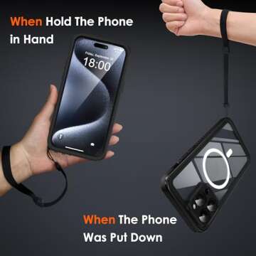 LYWHL for iPhone 15 Pro Max Case Waterproof with MagSafe, Built in Screen Protector [IP68] Dustproof Shockproof Full Body Protective Case with Neck Crossbody Strap & Wrist Lanyard Black/Clear