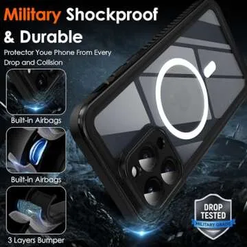 LYWHL for iPhone 15 Pro Max Case Waterproof with MagSafe, Built in Screen Protector [IP68] Dustproof Shockproof Full Body Protective Case with Neck Crossbody Strap & Wrist Lanyard Black/Clear