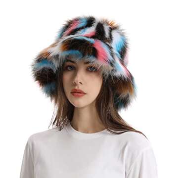 Fuzzy Bucket Hat for Women Winter Fluffy Furry Plush Faux Fur Hats Rainbow Cute Women's Bucket Hats