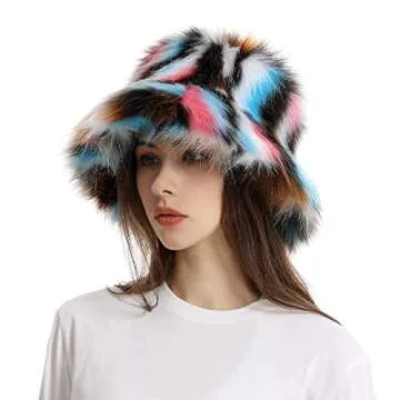 Fuzzy Bucket Hat for Women Winter Fluffy Furry Plush Faux Fur Hats Rainbow Cute Women's Bucket Hats