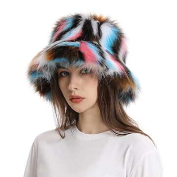 Fuzzy Bucket Hat for Women Winter Fluffy Furry Plush Faux Fur Hats Rainbow Cute Women's Bucket Hats