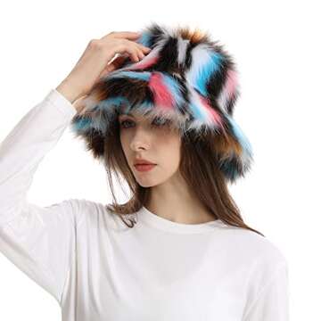 Fuzzy Bucket Hat for Women Winter Fluffy Furry Plush Faux Fur Hats Rainbow Cute Women's Bucket Hats